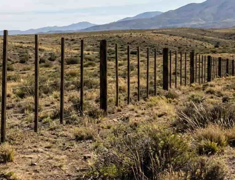 Instalación de alambrado rural tradicional de 7 hilos en campo de Neuquén y Alto Valle, con postes de eucalipto tratado y alambre galvanizado de alta tensión para delimitación de perímetros agrícolas.